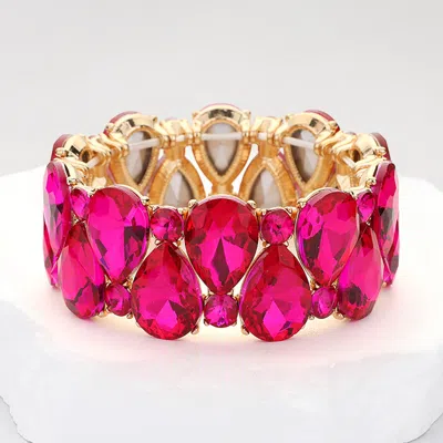 Fashnzfab Teardrop Round Glass Stone Cluster Stretch Evening Bracelet Fuchsia, Gold In Multi