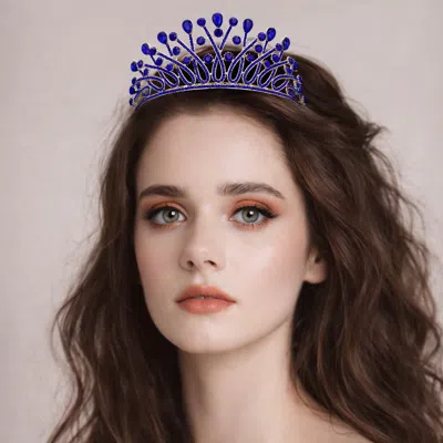 Fashnzfab Teardrop Round Stone Cluster Embellished Crown Queen Tiara In Blue