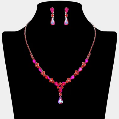 Fashnzfab Teardrop Round Stone Cluster Embellished Rhinestone Paved Necklace In Red