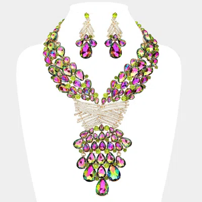 Fashnzfab Teardrop Round Stone Embellished Statement Evening Necklace In Multi