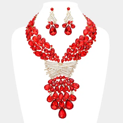 Fashnzfab Teardrop Round Stone Embellished Statement Evening Necklace In Red