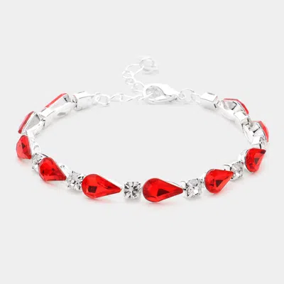 Fashnzfab Teardrop Round Stone Link Evening Bracelet Red, Silver In Multi
