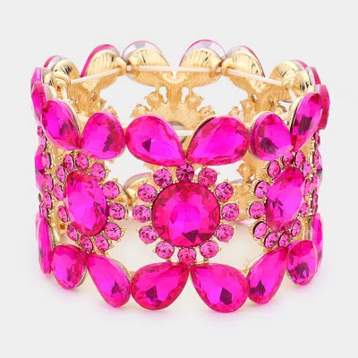 Fashnzfab Teardrop Round Stone Stretch Evening Bracelet Fuchsia In Pink