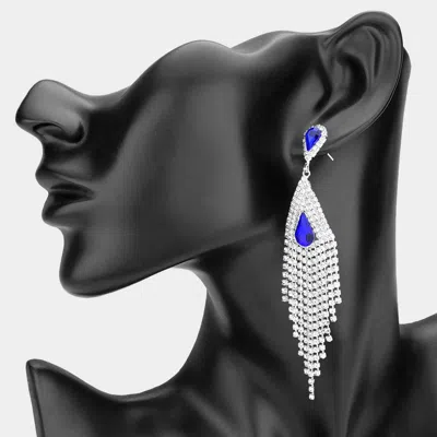 Fashnzfab Teardrop Stone Accent Rhinestone Tassel Drop Statement Evening Earrings In White