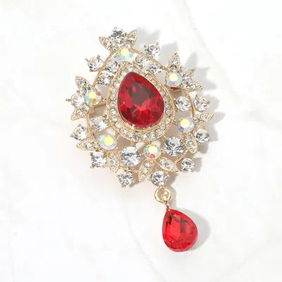 Fashnzfab Teardrop Stone Accent Vintage Frame Pin Brooch In Red