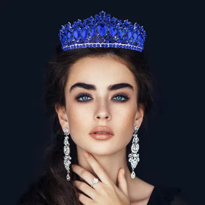 Fashnzfab Teardrop Stone Accented Crown Tiara In Blue