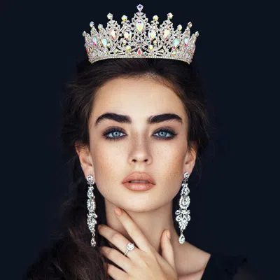 Fashnzfab Teardrop Stone Accented Crown Tiara In Silver