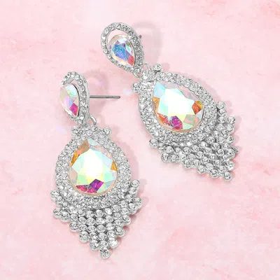 Fashnzfab Teardrop Stone Accented Dangle Evening Earrings - Ab, Silver