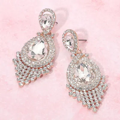 FASHNZFAB TEARDROP STONE ACCENTED DANGLE EVENING EARRINGS - CLEAR, ROSE GOLD