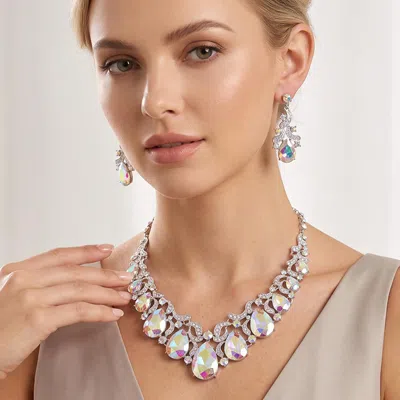 Fashnzfab Teardrop Stone Accented Evening Necklace In Metallic