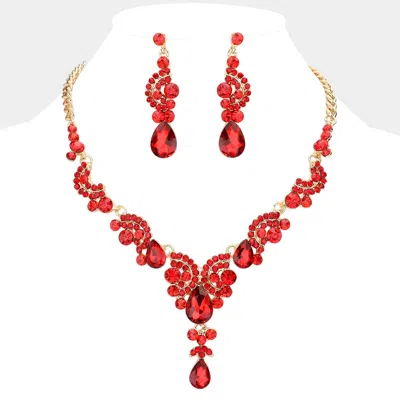 Fashnzfab Teardrop Stone Accented Evening Necklace In Red