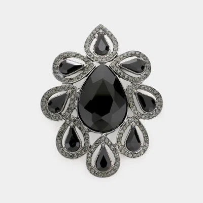 Fashnzfab Teardrop Stone Accented Floral Pin Brooch In Black