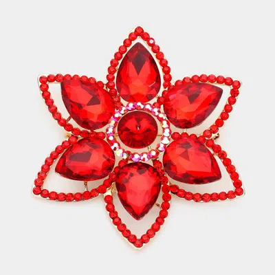 Fashnzfab Teardrop Stone Accented Flower Pin Brooch In Red