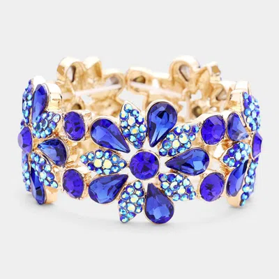 Fashnzfab Teardrop Stone Accented Flower Stretch Evening Bracelet In Blue
