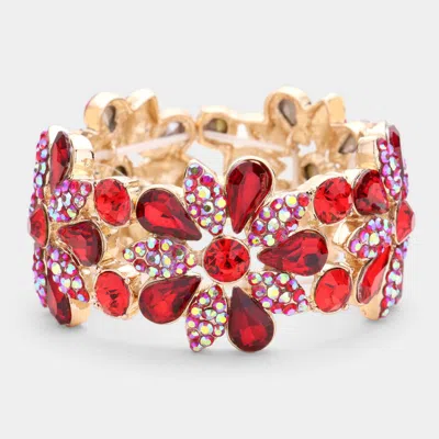 Fashnzfab Teardrop Stone Accented Flower Stretch Evening Bracelet Red