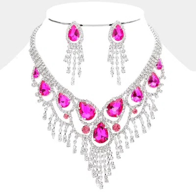 Fashnzfab Teardrop Stone Accented Fringe Evening Necklace In Metallic