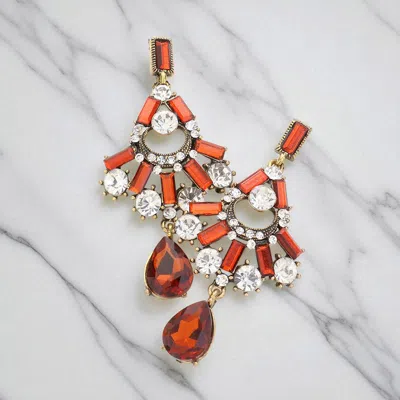 Fashnzfab Teardrop Stone Accented Glass Stone Cluster Earrings In Orange