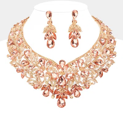 Fashnzfab Teardrop Stone Accented Leaf Evening Necklace In Gold