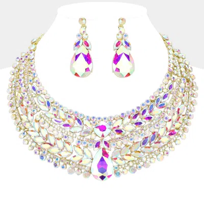 Fashnzfab Teardrop Stone Accented Marquise Round Stone Embellished Chunky Collar Evening Necklace - Ab, Gold In Multi