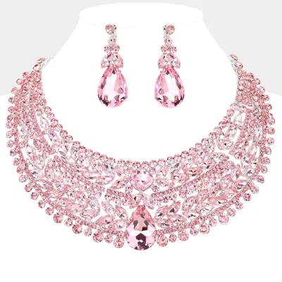 Fashnzfab Teardrop Stone Accented Marquise Round Stone Embellished Chunky Collar Evening Necklace - Pink, Silv In Multi