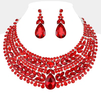 Fashnzfab Teardrop Stone Accented Marquise Round Stone Embellished Chunky Collar Evening Necklace - Red, Silve In Multi