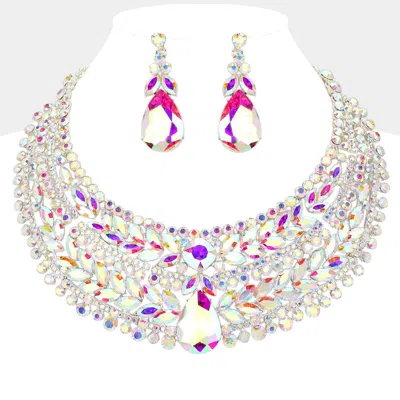 Fashnzfab Teardrop Stone Accented Marquise Round Stone Embellished Chunky Collar Evening Necklace In Pink