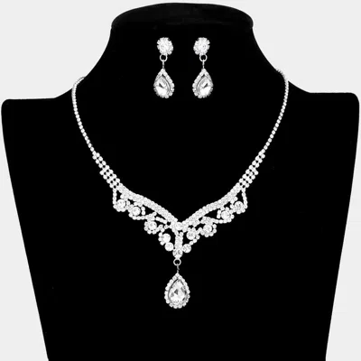 Fashnzfab Teardrop Stone Accented Rhinestone Necklace - Silver In Metallic