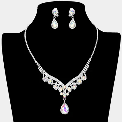Fashnzfab Teardrop Stone Accented Rhinestone Necklace Clip On Earring Set In Silver