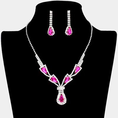 Fashnzfab Teardrop Stone Accented Rhinestone Necklace In Pink