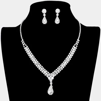 Fashnzfab Teardrop Stone Accented Rhinestone Necklace In Silver