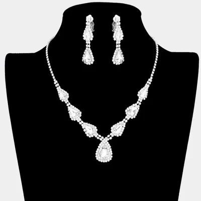Fashnzfab Teardrop Stone Accented Rhinestone Pave Necklace Clip On Earring Set In Metallic