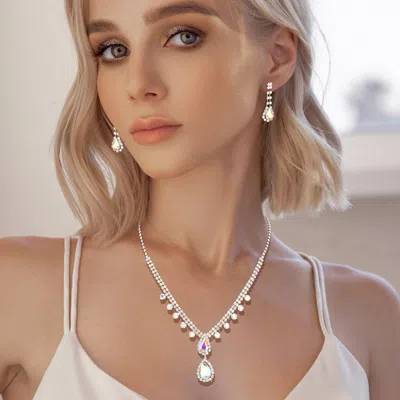 Fashnzfab Teardrop Stone Accented Rhinestone Pave Necklace In Metallic