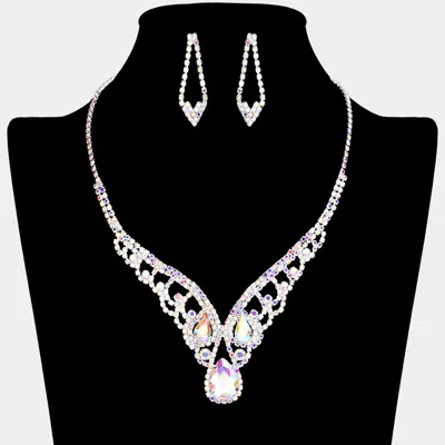 Fashnzfab Teardrop Stone Accented Rhinestone Paved V Shape Necklace In Black
