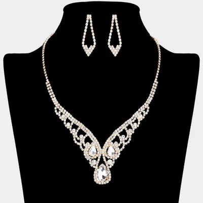 Fashnzfab Teardrop Stone Accented Rhinestone Paved V Shape Necklace In Gold