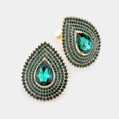 Fashnzfab Teardrop Stone Center Evening Clip On Earrings In Green