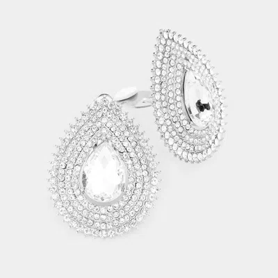 Fashnzfab Teardrop Stone Center Evening Clip On Earrings In Silver