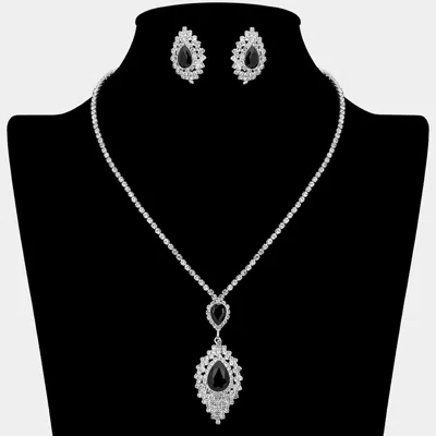 Fashnzfab Teardrop Stone Center Rhinestone Paved Pendant Accent Necklace - Black, Silver In Metallic