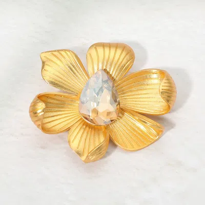 Fashnzfab Teardrop Stone Center Textured Floral Pin Brooch In Gold