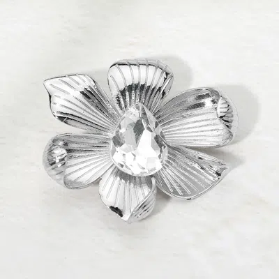Fashnzfab Teardrop Stone Center Textured Floral Pin Brooch In Metallic