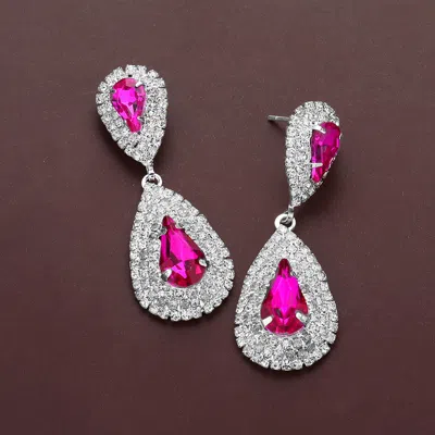 Fashnzfab Teardrop Stone Centered Rhinestone Paved Rim Dangle Evening Earrings - Fuchsia, Silver In Purple