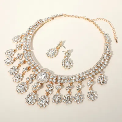 Fashnzfab Teardrop Stone Chandelier Evening Necklace In Gold