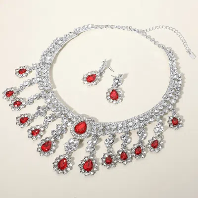 Fashnzfab Teardrop Stone Chandelier Evening Necklace In Red