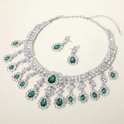 Fashnzfab Teardrop Stone Chandelier Evening Necklace In Silver
