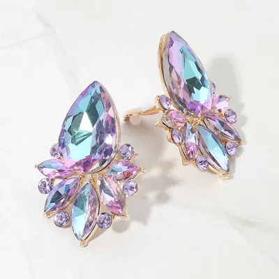 Fashnzfab Teardrop Stone Cluster Accent Marquise Stone Embellished Evening Clip On Earrings In Pink