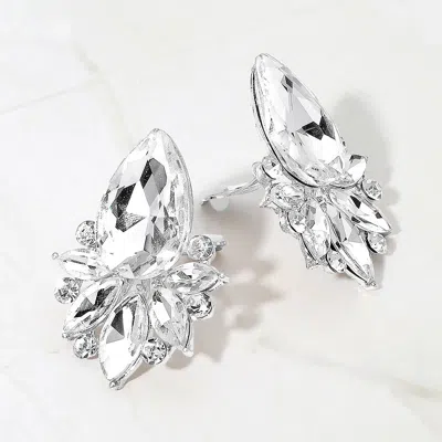 Fashnzfab Teardrop Stone Cluster Accent Marquise Stone Embellished Evening Clip On Earrings In Silver
