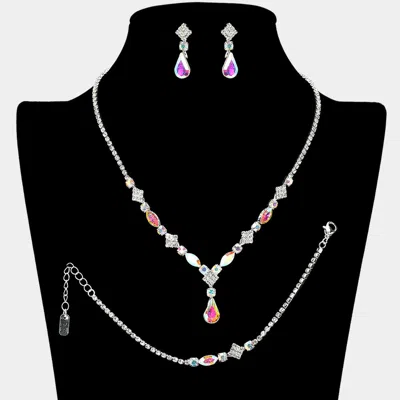 Fashnzfab Teardrop Stone Cluster Accent Oval Square Stone Cluster Rhinestone Paved Jewelry Set In Silver