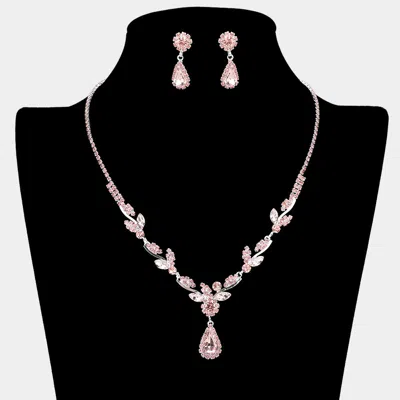 Fashnzfab Teardrop Stone Cluster Accent Rhinestone Leaf Branch Necklace In Pink