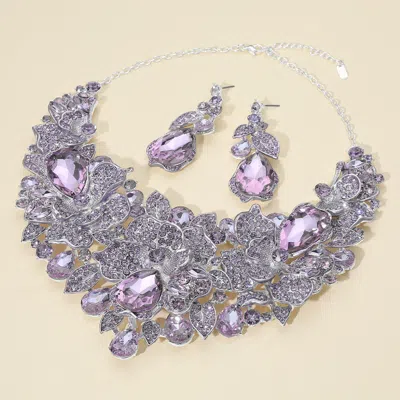 Fashnzfab Teardrop Stone Cluster Accent Rhinestone Paved Floral Embellished Collar Statement Evening Necklace In Purple