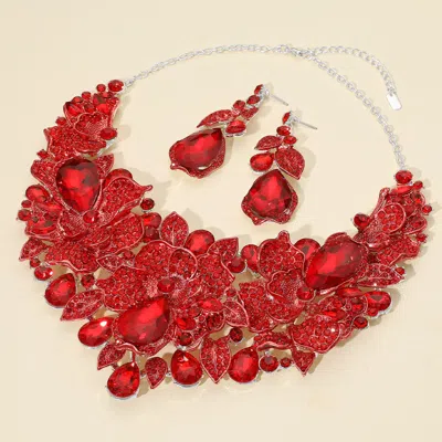 Fashnzfab Teardrop Stone Cluster Accent Rhinestone Paved Floral Embellished Collar Statement Evening Necklace In Red
