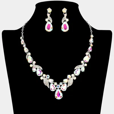 Fashnzfab Teardrop Stone Cluster Accent Rhinestone Paved Leaf Embellished Necklace 18" + 3" L In Black